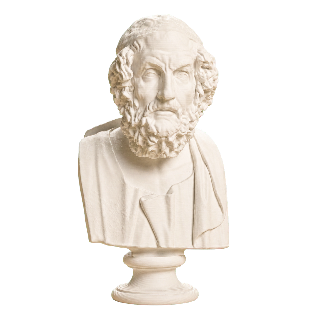 Ivory-white 3D printed blind Homer bust with deeply lidded eyes, a furrowed brow, curly beard, draped shoulders, and round pedestal