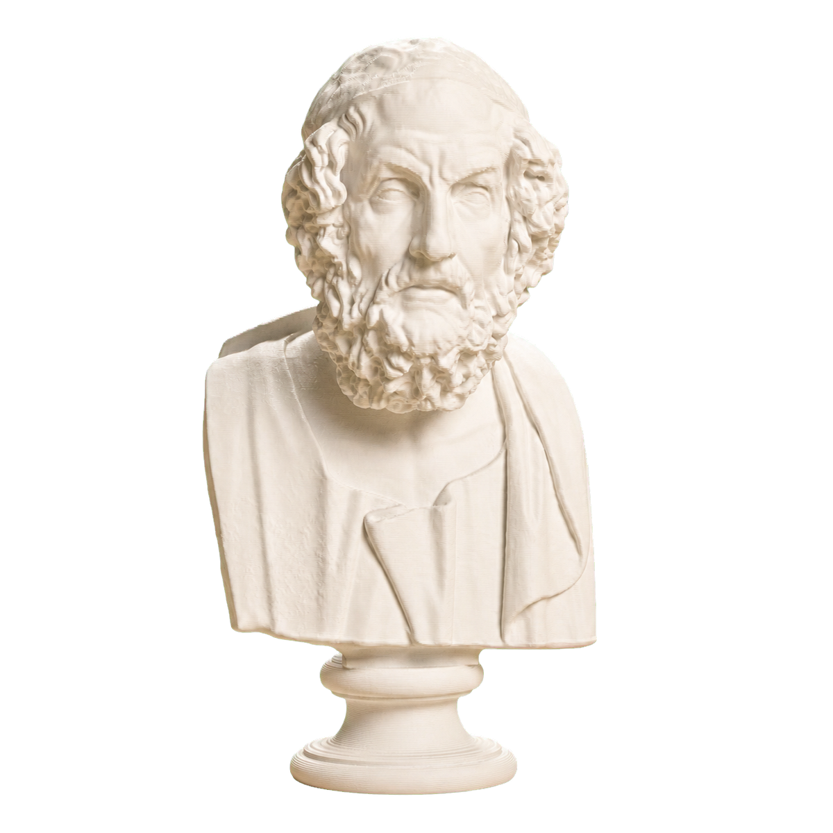 Ivory-white 3D printed blind Homer bust with deeply lidded eyes, a furrowed brow, curly beard, draped shoulders, and round pedestal