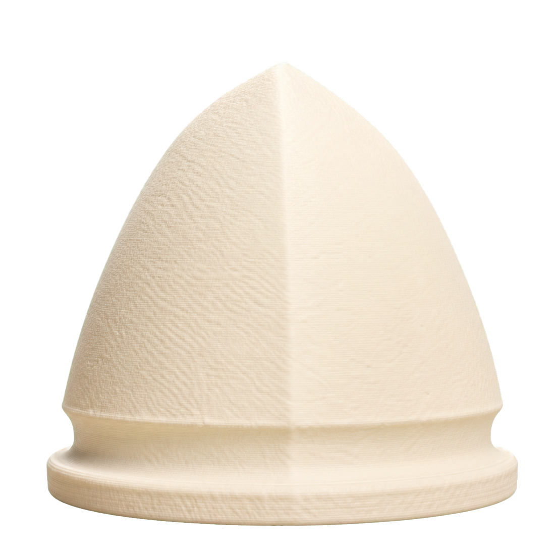 Ivory-white 3D printed Etruscan helmet display sculpture with pointed dome, central ridge, concave lower band, and flared rounded rim