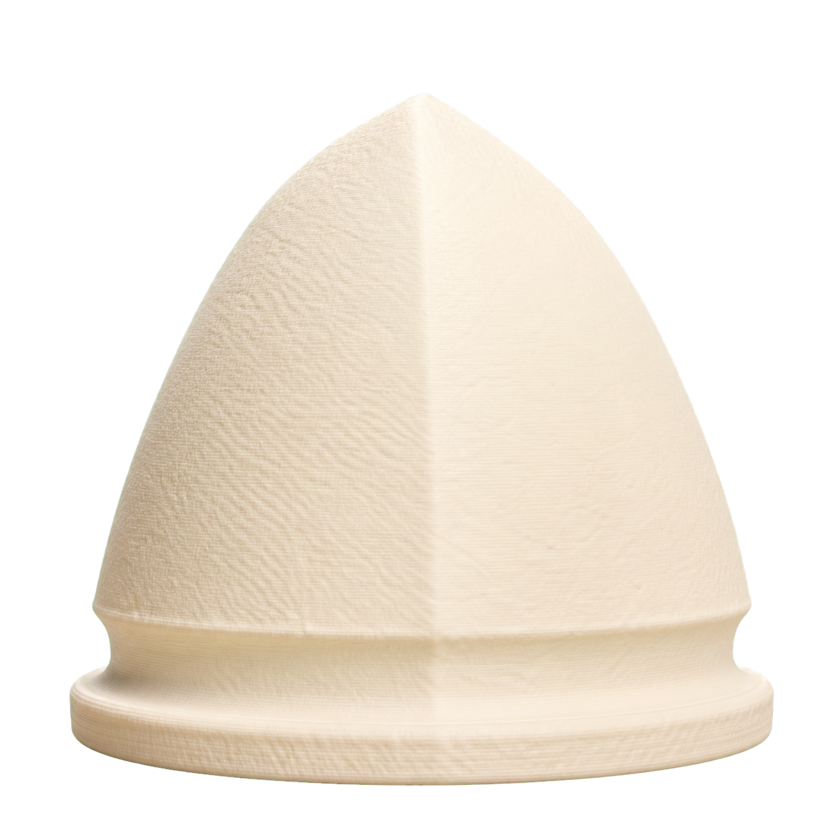 Ivory-white 3D printed Etruscan helmet display sculpture with pointed dome, central ridge, concave lower band, and flared rounded rim