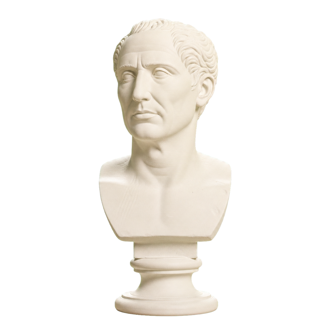 Ivory White 3D printed Farnese Caesar bust with short combed hair, furrowed brow, long neck, squared shoulders, and a round pedestal