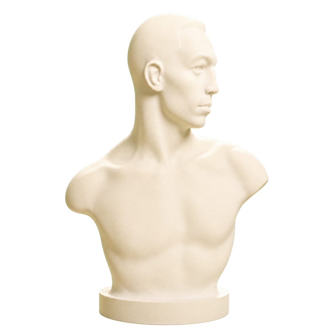Ivory White 3D printed bust of boxer Emil Andreasen with a cropped bare torso, turned head, and round base