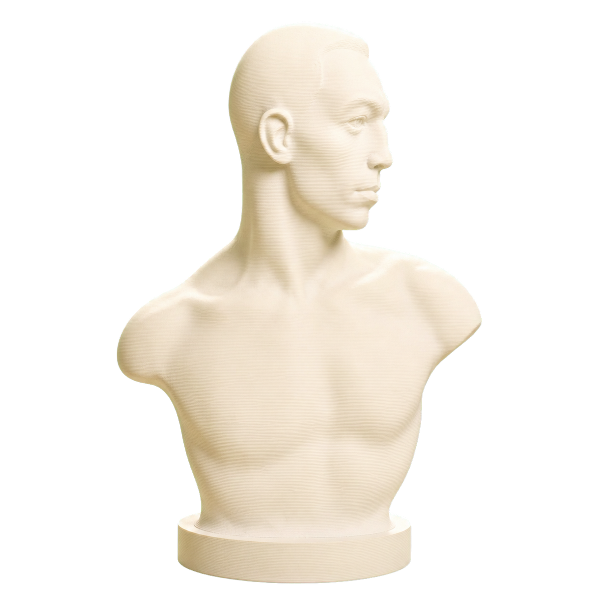Ivory White 3D printed bust of boxer Emil Andreasen with a cropped bare torso, turned head, and round base