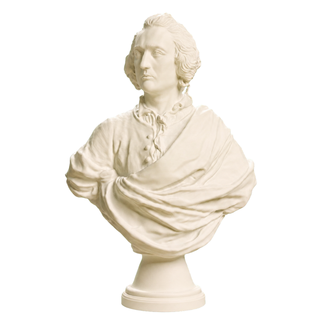 Ivory-white 3D printed Bust of an Englishman with swept-back hair, open shirt, and broad drapery on a round socle