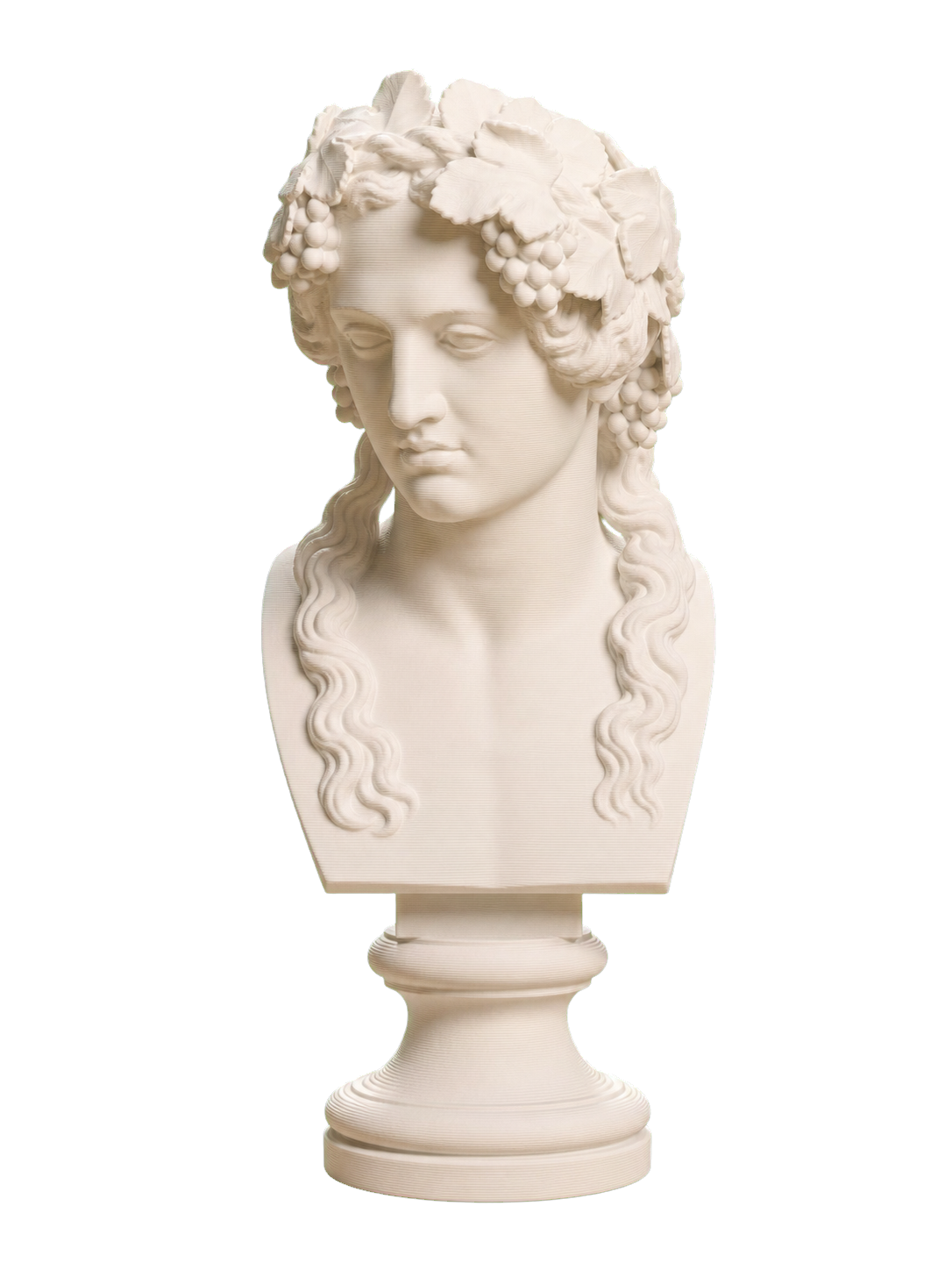 Ivory white 3D printed Bacchus head with a vine-leaf and fruit crown, long wavy hair, cropped shoulders, and a round pedestal