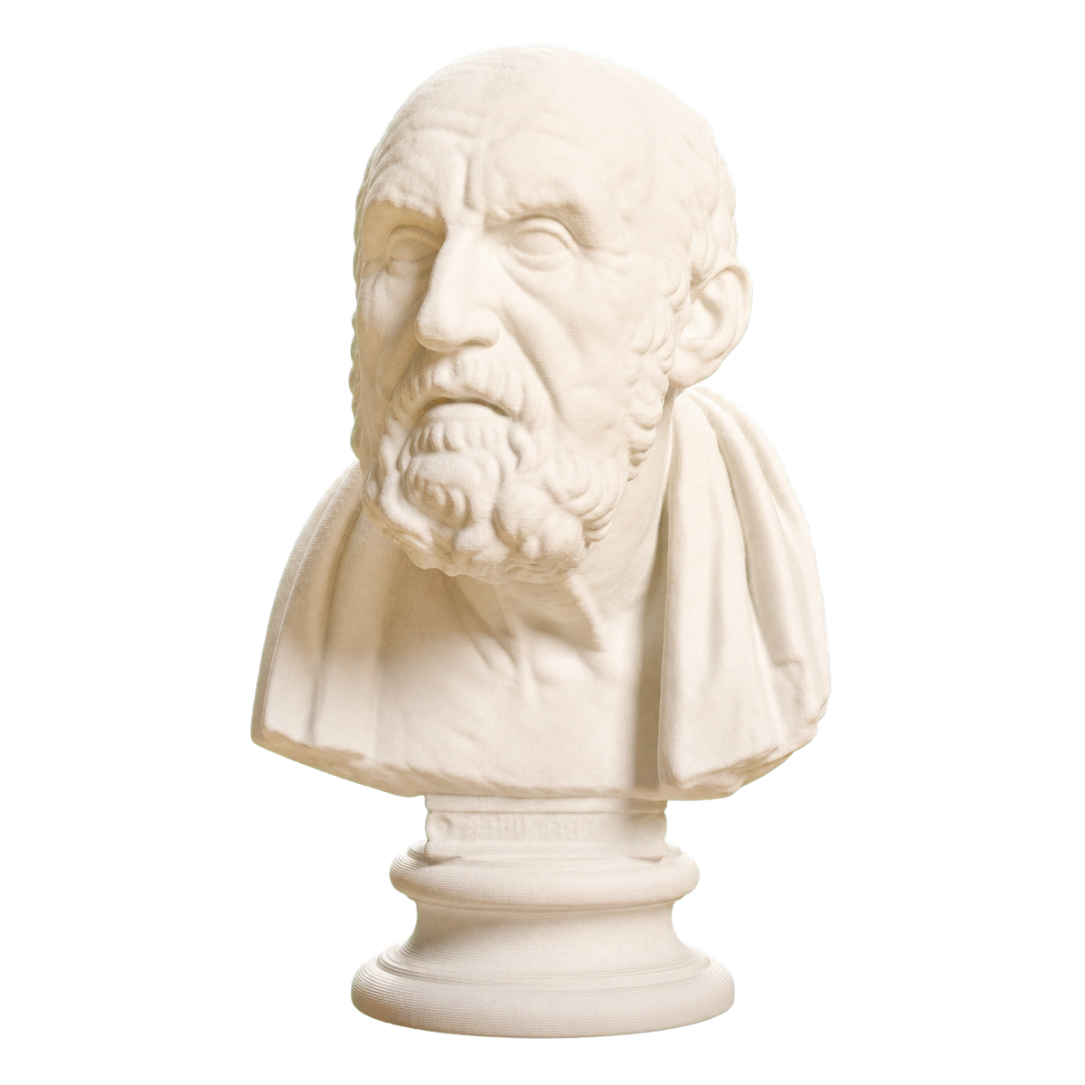 Ivory-white 3D printed bust of Chrysippos with a balding head, furrowed brow, short beard, draped shoulders, and round pedestal