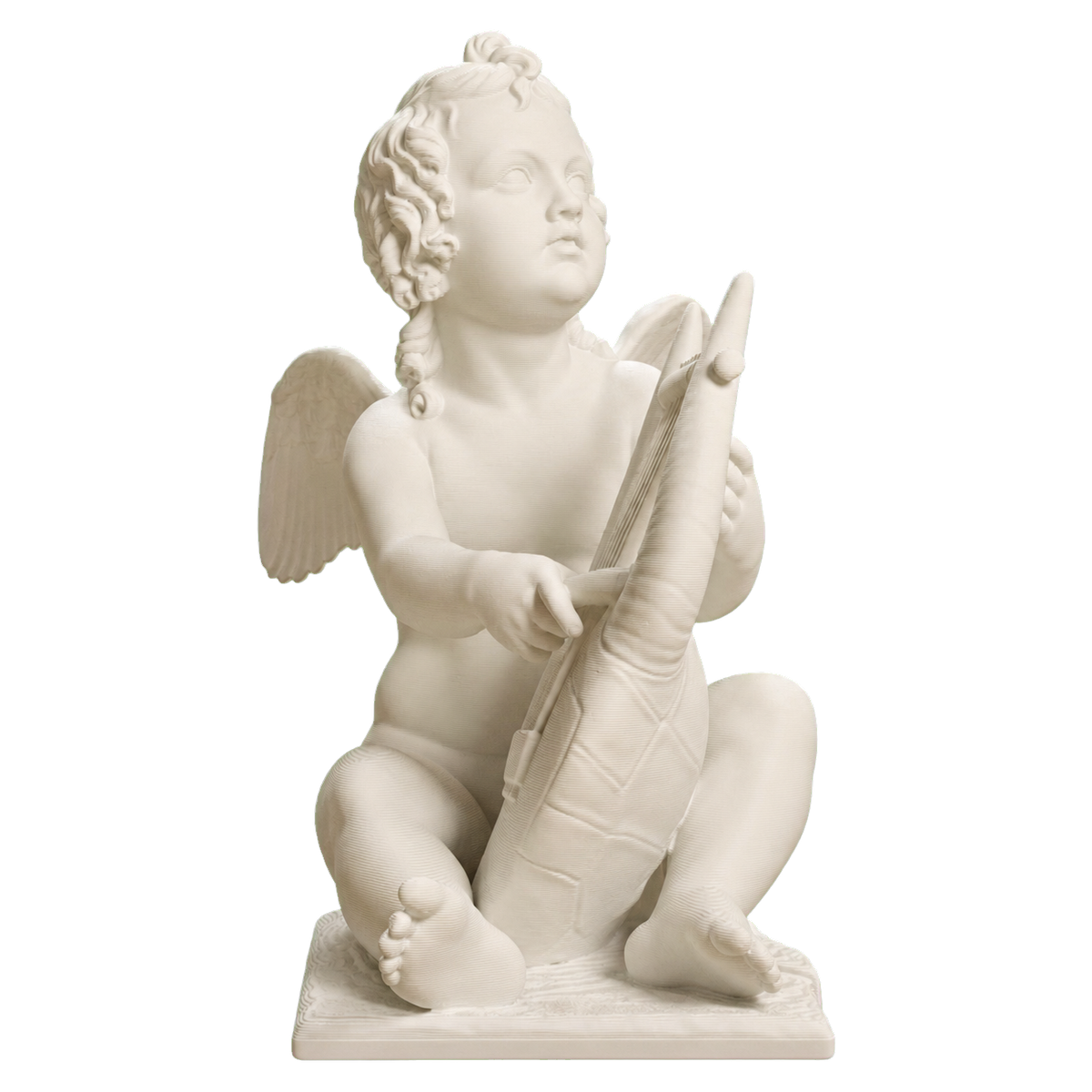 Ivory-white 3D printed seated winged Cupid playing a lyre on a rectangular base