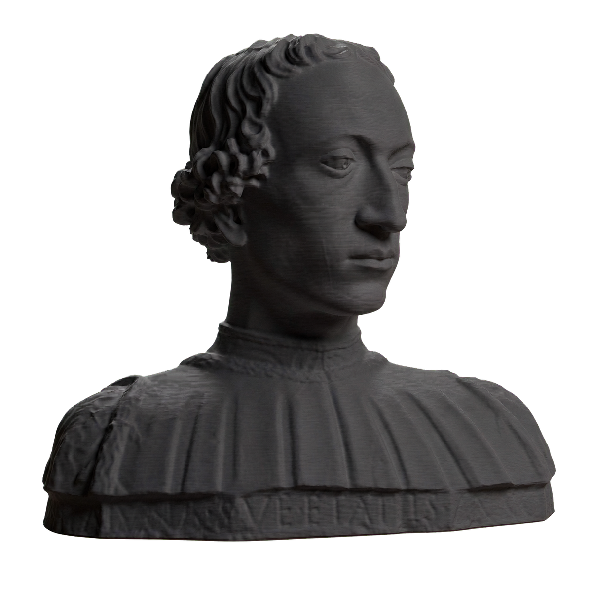 Charcoal-black 3D printed portrait bust of Rinaldo della Luna in a pleated Renaissance garment