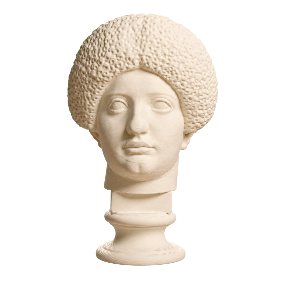 Ivory-white 3D printed head of a Flavian woman with a rounded halo of dense curls on a turned round base