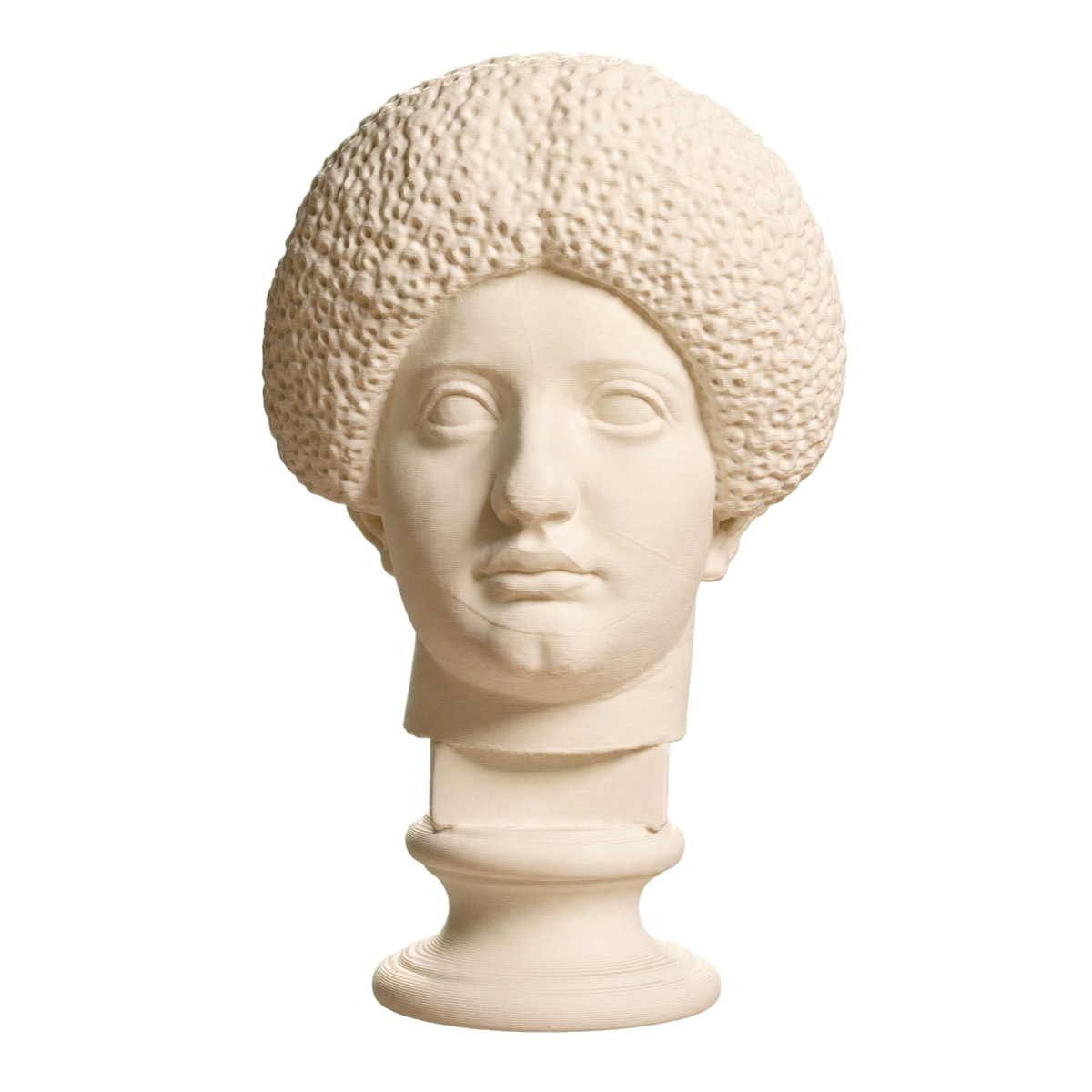 Ivory-white 3D printed head of a Flavian woman with a rounded halo of dense curls on a turned round base