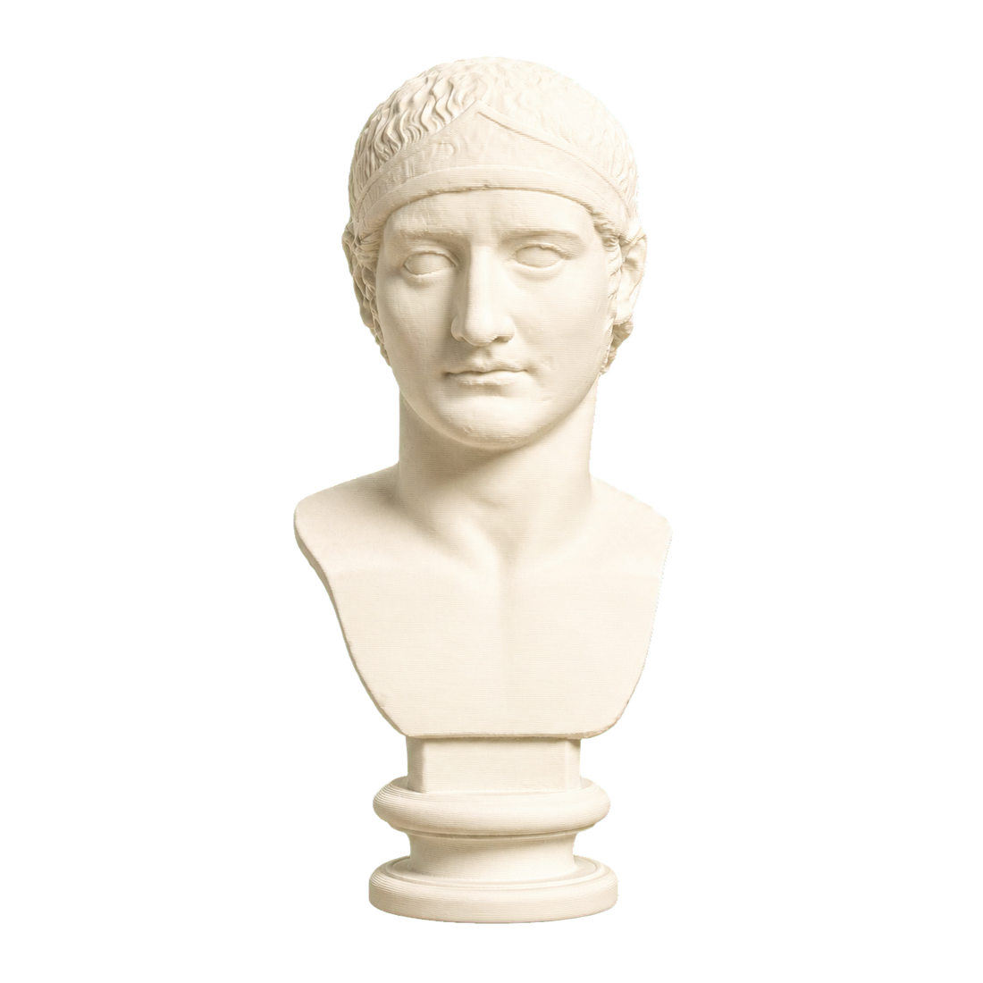 Ivory-white 3D printed bust labeled Drusus, showing a young Julio-Claudian prince in an unusual fitted cap on a stacked round base