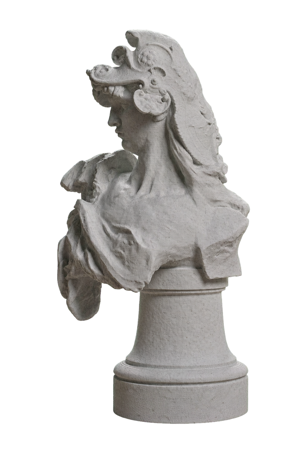 Marble Stone Bellona 3D printed bust in profile with an elaborate crested helmet, layered drapery, and round pedestal