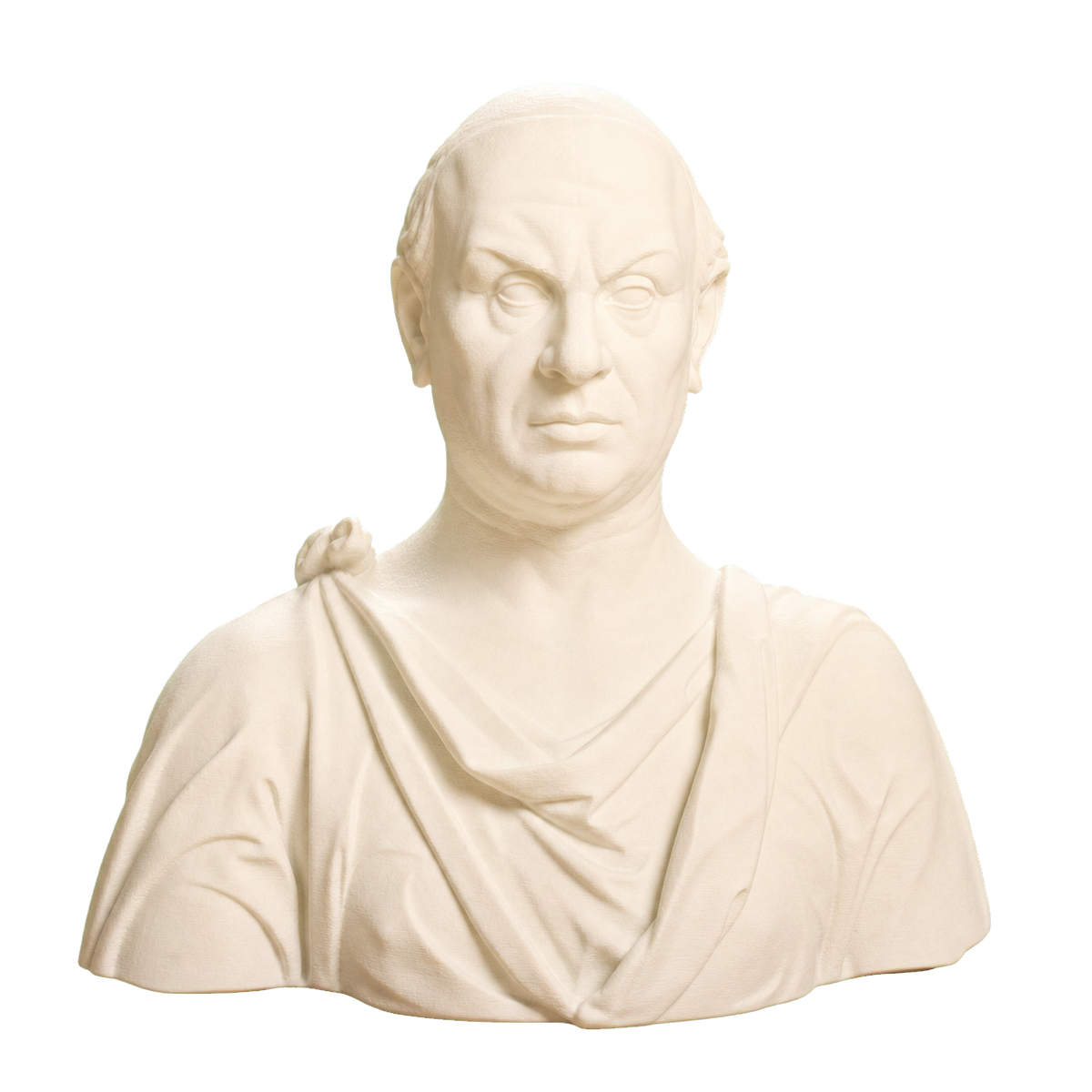 Ivory White 3D printed Francesco Sassetti bust with a bald head, broad shoulders, and a classical draped cloak tied at one shoulder