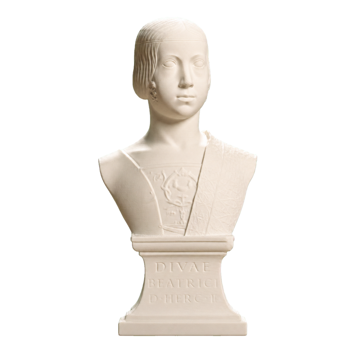 Ivory white 3D printed Beatrice d'Este portrait bust with Renaissance dress and inscribed pedestal