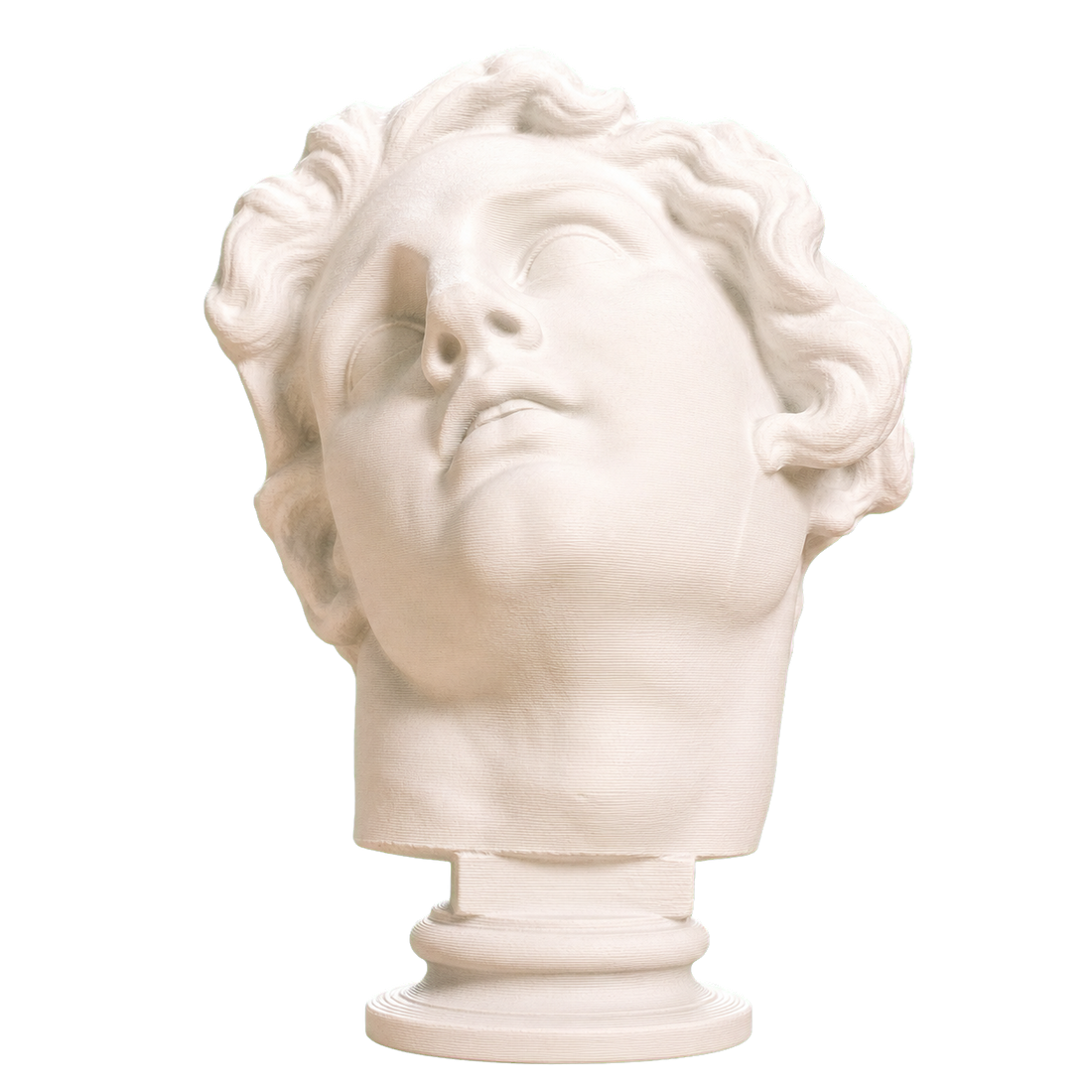 Ivory-white 3D printed Dying Alexander head with upturned face, parted lips, thick wavy hair, long neck, and round pedestal