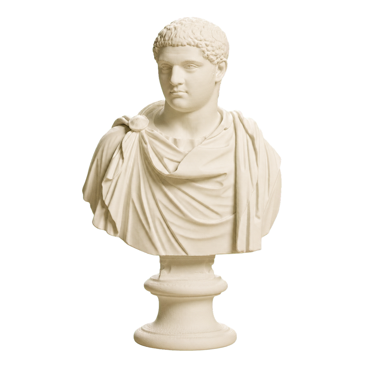 Ivory-white 3D printed bust of Geta with short curls, draped shoulders, a round shoulder clasp, and a tall round pedestal