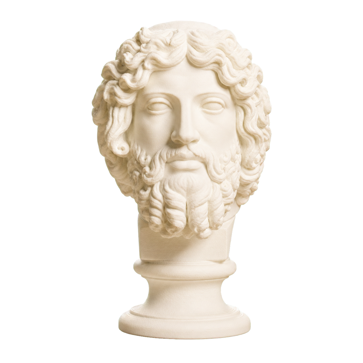Ivory white 3D printed Bearded Zeus head with thick curled hair, a layered beard, calm frontal face, narrow neck, and round pedestal