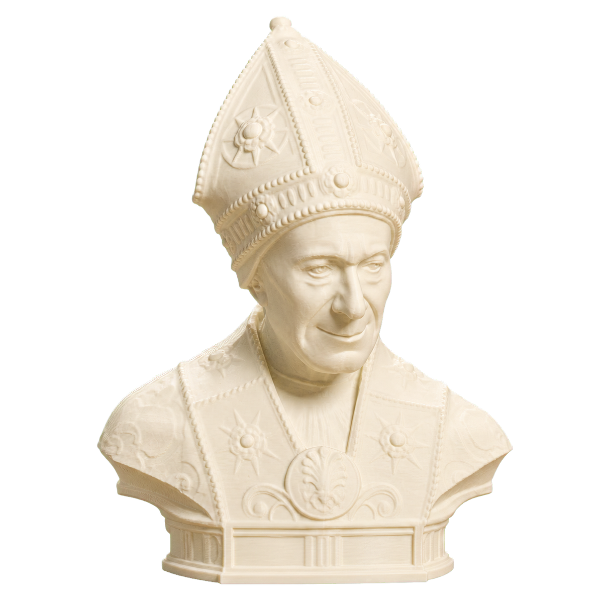 Ivory white Leonardo Salutati 3D printed bishop portrait bust with mitre and heraldic plinth
