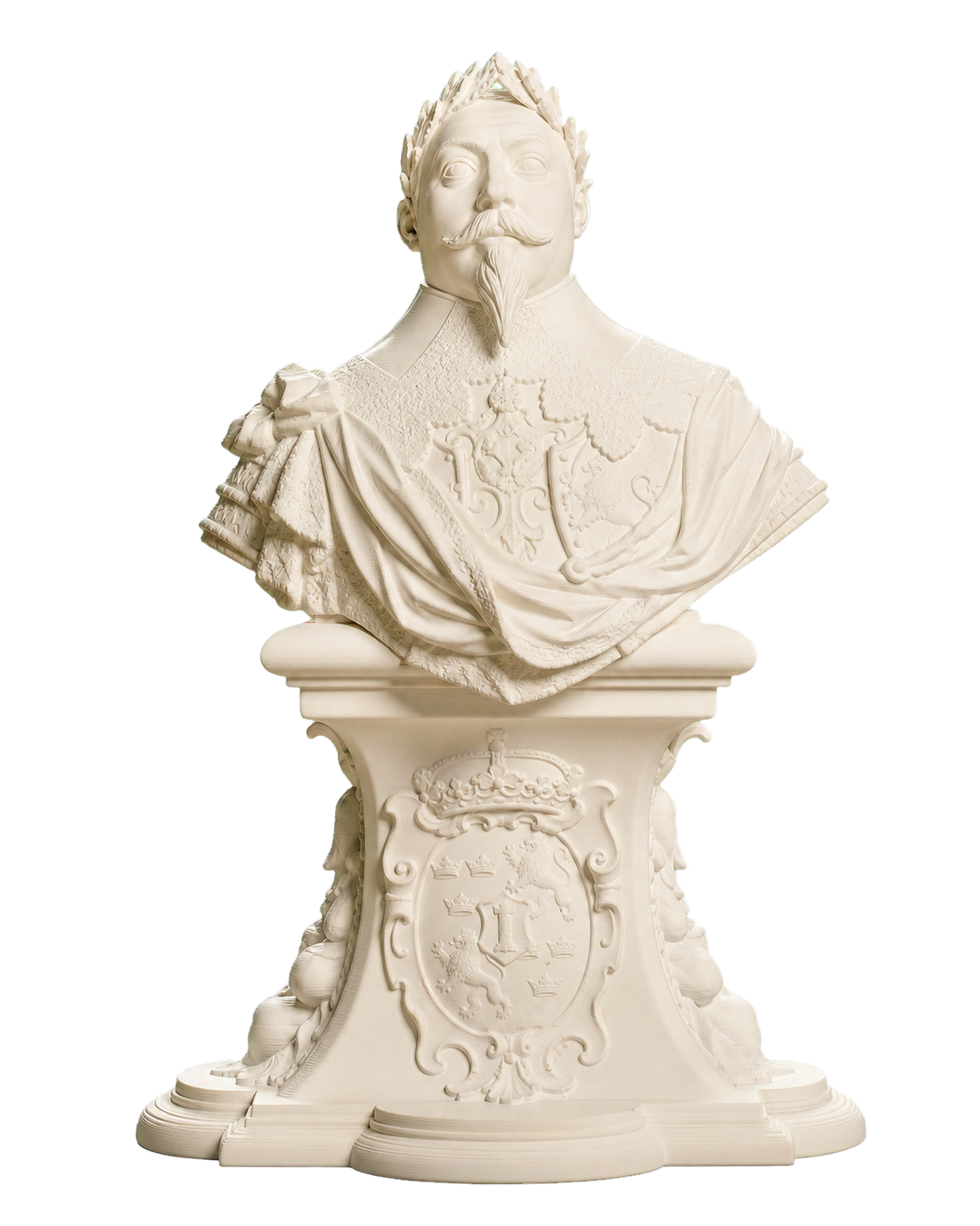 Ivory-white 3D printed Gustav II Adolf bust with leaf wreath, curled mustache, pointed beard, draped armor, heraldic panels, and ornate pedestal