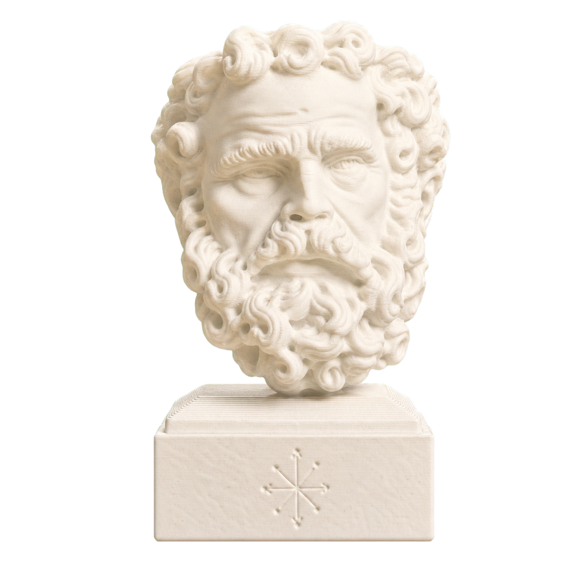 Ivory-white 3D printed head of an unidentified bearded man with dense curled hair and beard on a stepped rectangular base