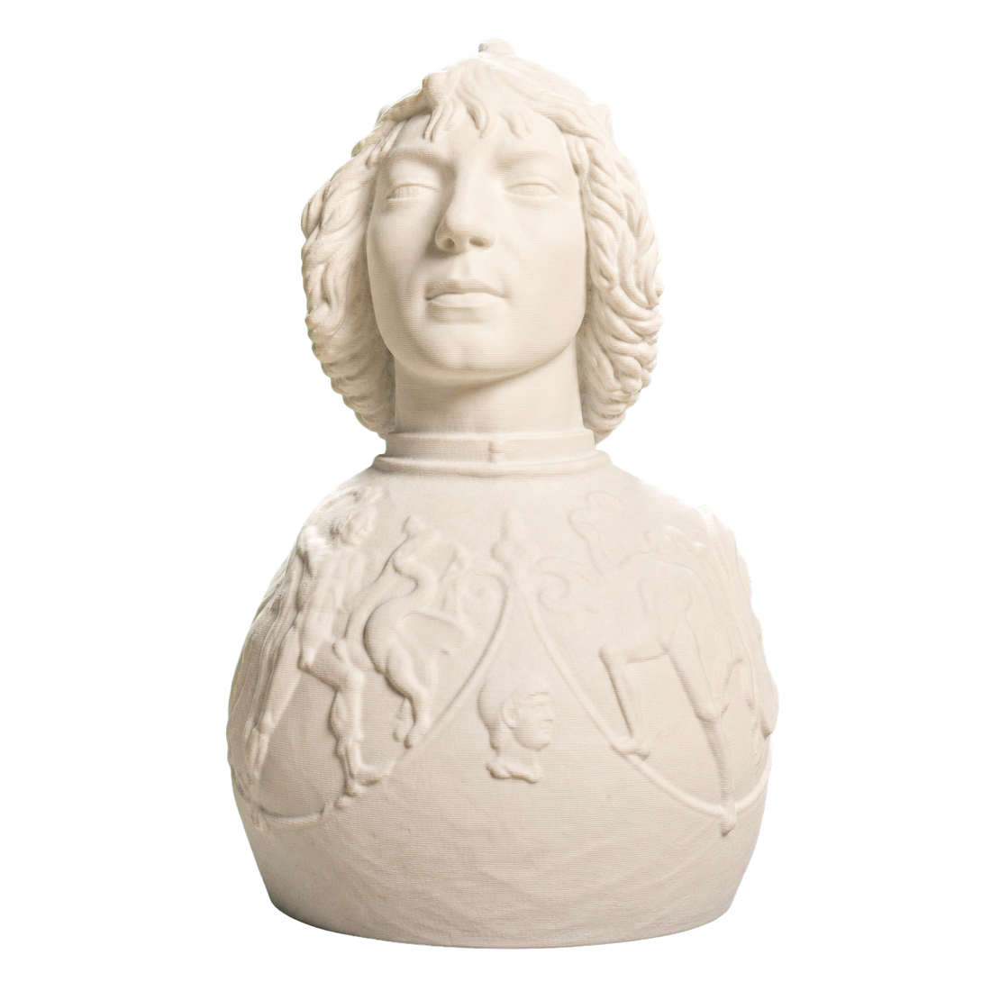 Ivory-white 3D printed unidentified figure with a smooth youthful face, curled hair, high collar, and shallow animal-like reliefs across a chest harness