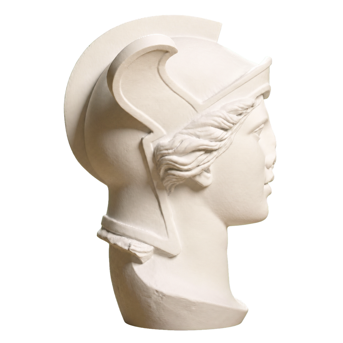 Ivory-white 3D printed Helmeted Athena head in right profile with a large rounded helmet, broad crest, curled hair, long neck, and cropped shoulder
