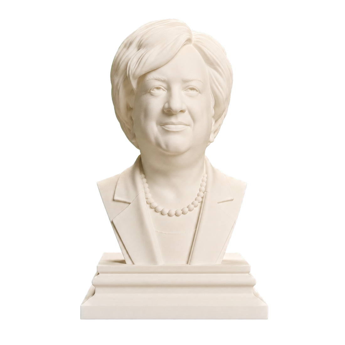 Ivory White 3D printed Elena Kagan bust in a blazer and beaded necklace on a stepped rectangular base