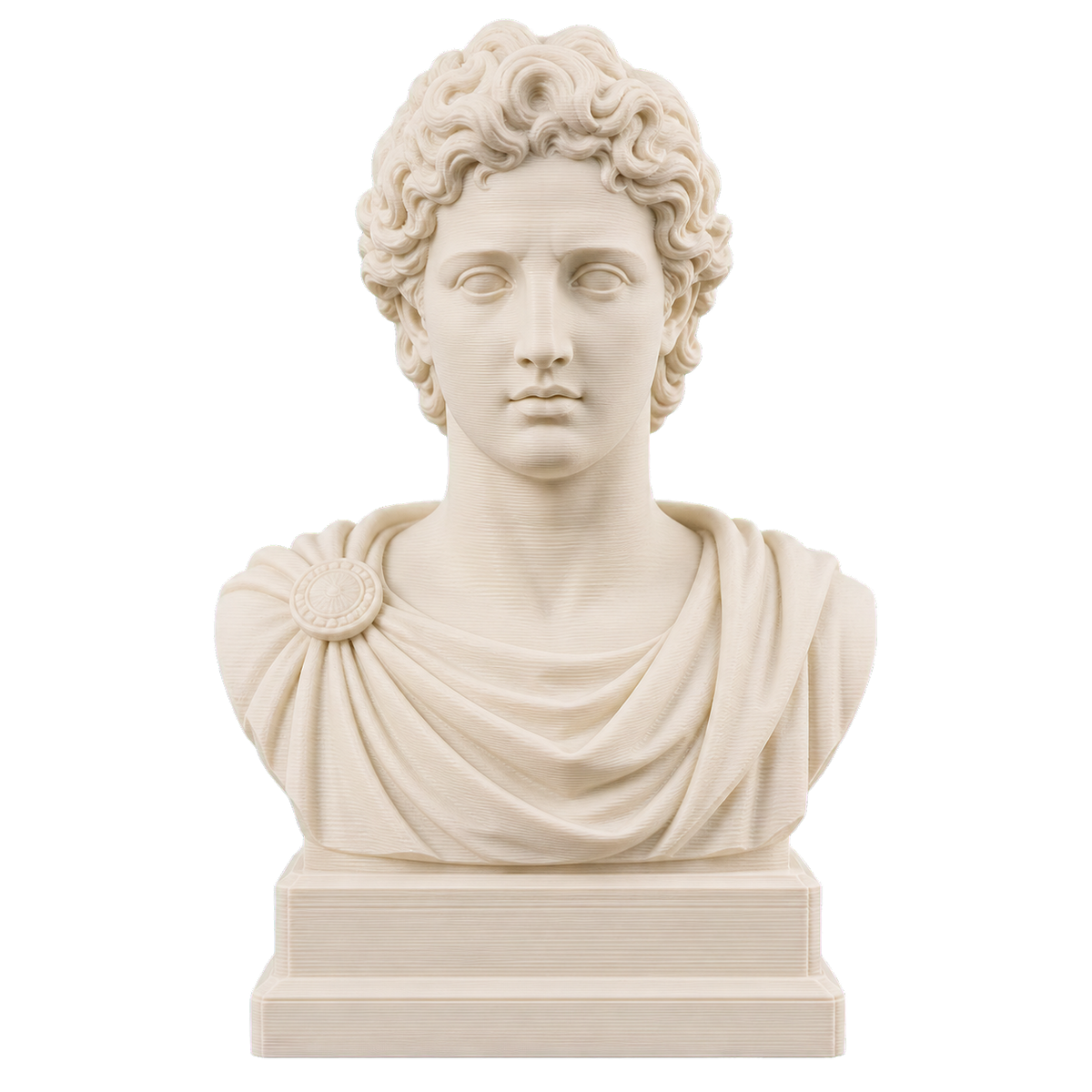 Ivory white Apollo Draped 3D printed bust with curled hair, sunburst clasp, broad shoulders, and stepped base
