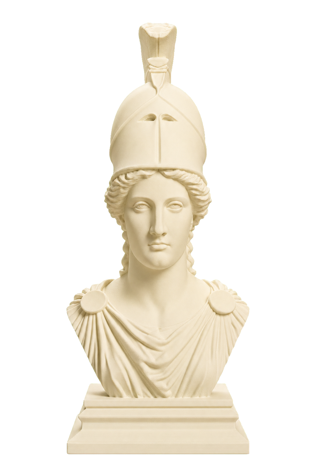Ivory-white 3D printed Athena bust wearing a tall crested helmet above draped shoulders