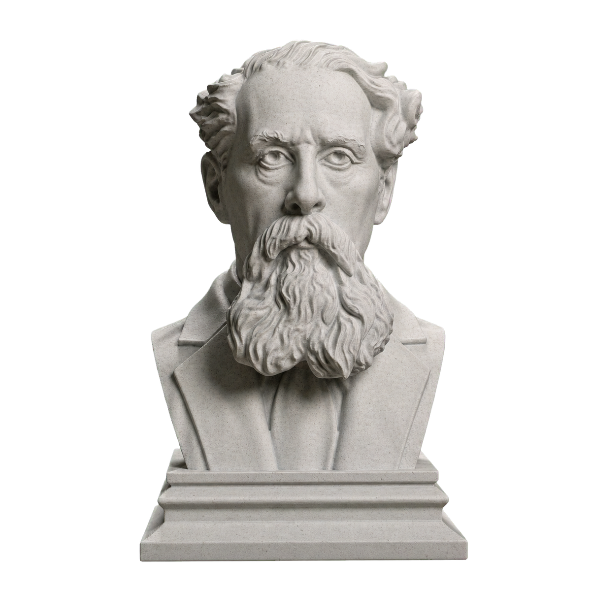 Marble Stone 3D printed Charles Dickens bust with swept-back hair, moustache, long beard, coat, and stepped base