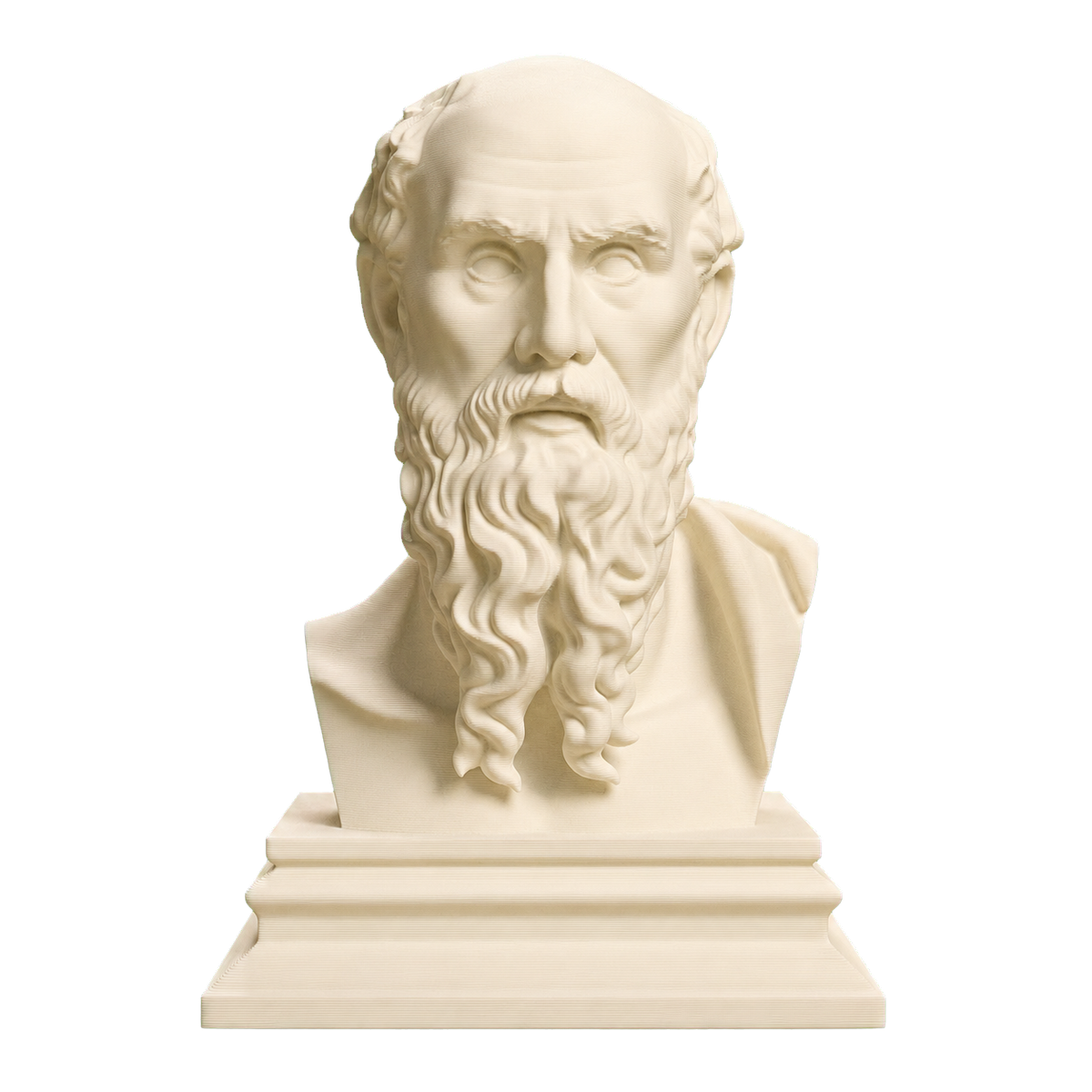 Ivory-white 3D printed Diogenes bust with a bald head, long curled beard, draped shoulders, and stepped rectangular base