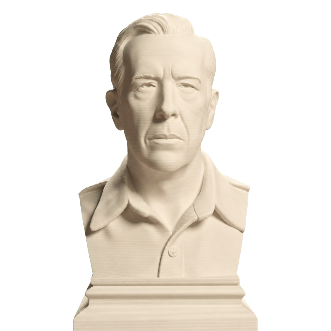 Ivory-white 3D printed Douglas MacArthur bust with swept hair, open-collar shirt, and stepped rectangular base