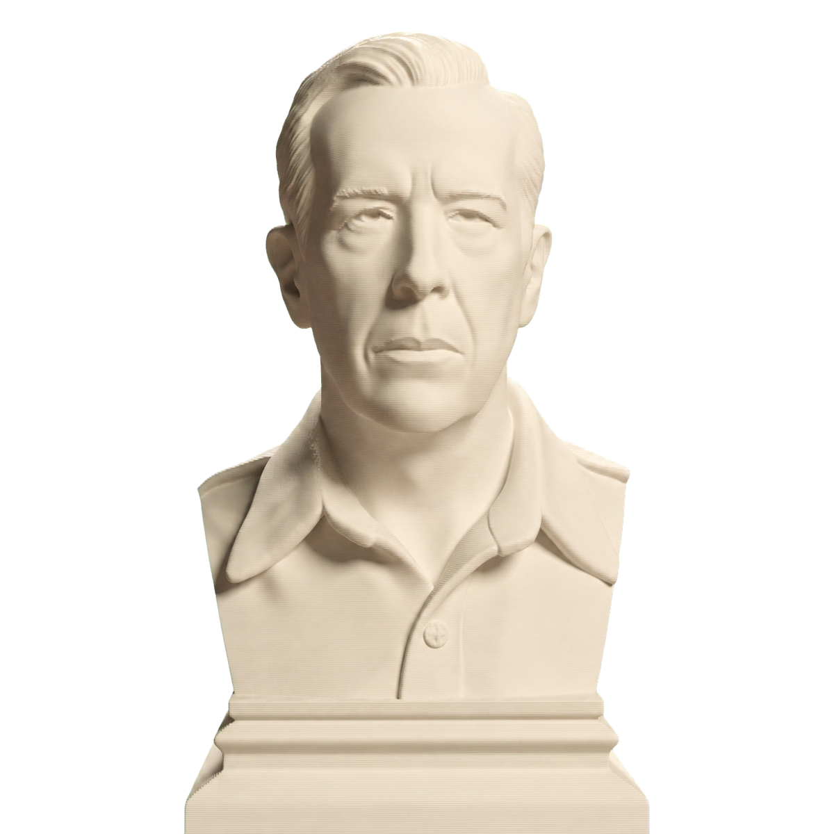 Ivory-white 3D printed Douglas MacArthur bust with swept hair, open-collar shirt, and stepped rectangular base