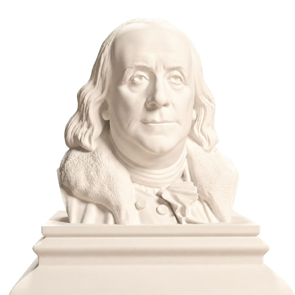 Ivory white Benjamin Franklin 3D printed bust with fur-trimmed coat, neck cloth, and stepped pedestal