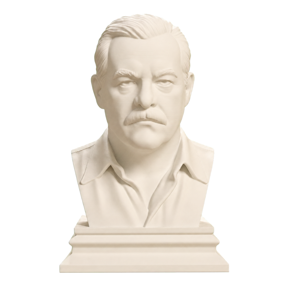 Ivory-white 3D printed Ernest Hemingway bust with side-parted hair, moustache, open-collar shirt, direct gaze, and stepped square pedestal