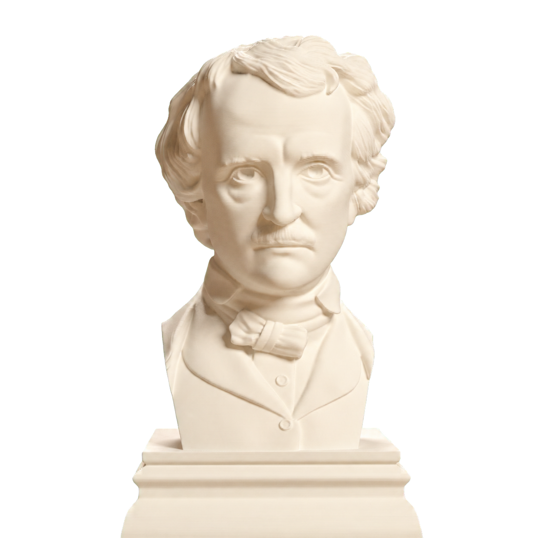 Ivory-white 3D printed Edgar Allan Poe bust with wavy hair, bow tie, coat, and tiered pedestal