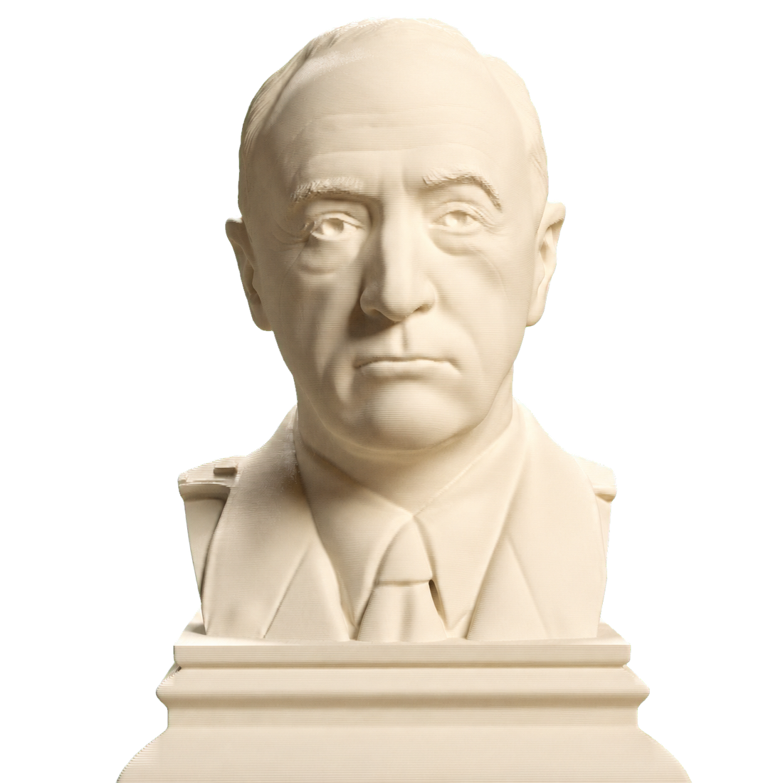 Ivory-white 3D printed portrait bust of George S. Patton in a jacket and tie on a stepped base