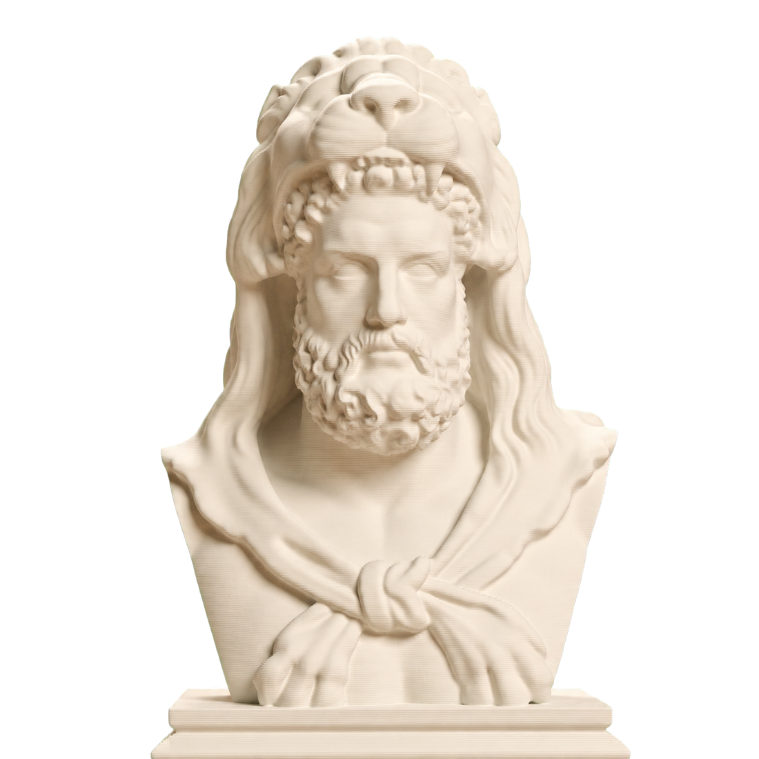 Ivory-white 3D printed Hercules bust wearing a lion skin as a hood, with open jaws above his head, forelegs tied across his chest, and a stepped rectangular base
