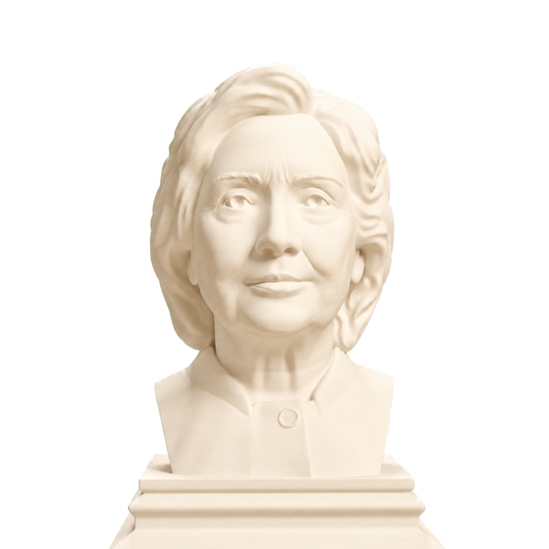 Ivory-white 3D printed Hillary Clinton portrait bust with swept-back hair, jacket collar, round button, and stepped rectangular base