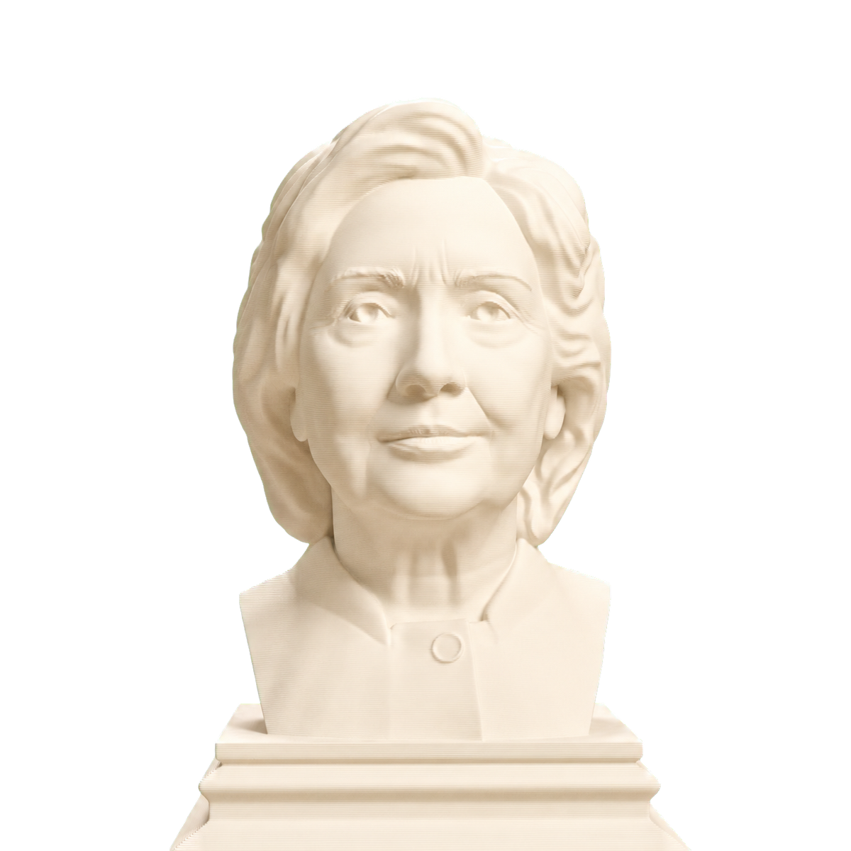 Ivory-white 3D printed Hillary Clinton portrait bust with swept-back hair, jacket collar, round button, and stepped rectangular base
