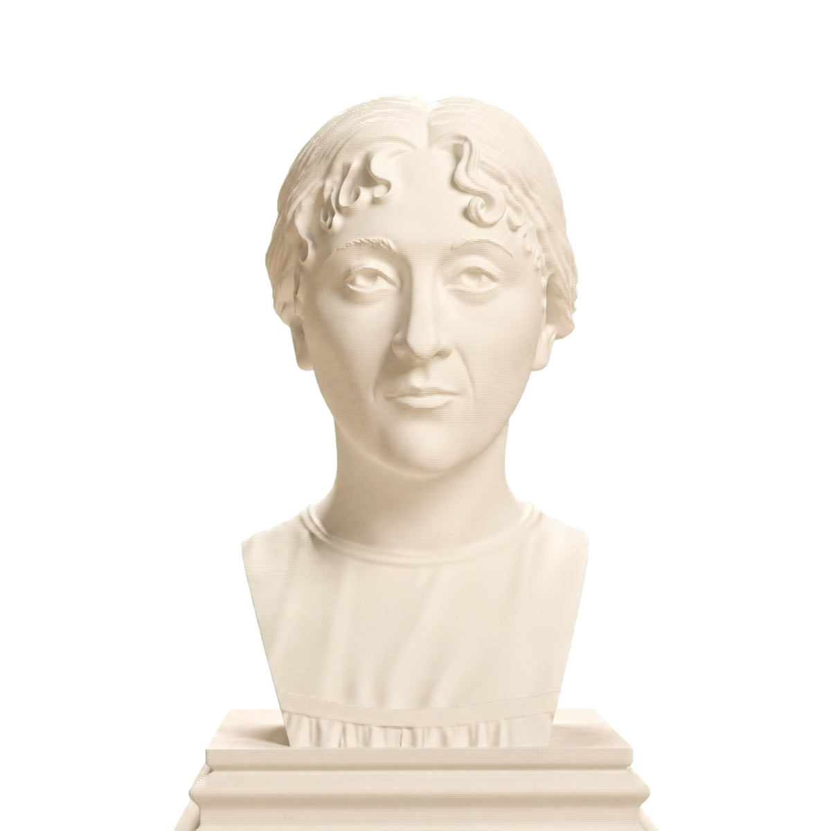 Ivory-white 3D printed Jane Austen bust with center-parted curled hair, forward-facing portrait, cropped bodice, and stepped rectangular base