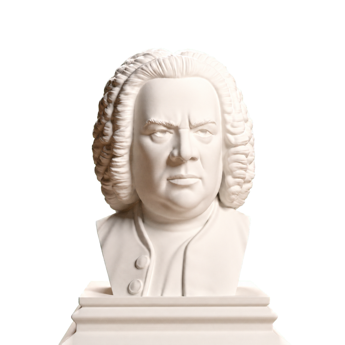 Ivory-white 3D printed Johann Sebastian Bach bust with swept curled wig, stern frontal expression, buttoned coat, rectangular shoulder cut, and stepped square pedestal
