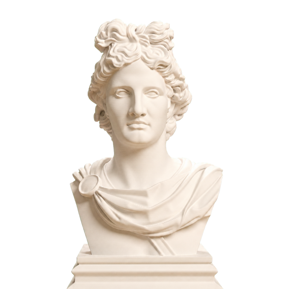 Ivory white 3D printed Apollo Classical bust with curled hair, drapery, and stepped base