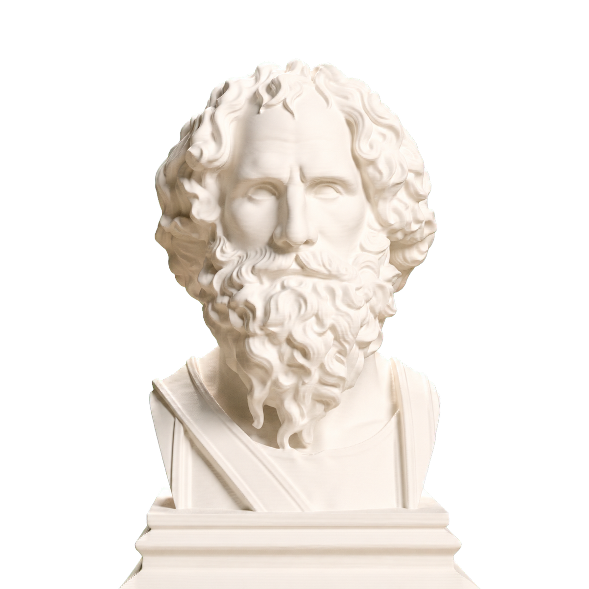 Ivory white Archimedes Portrait 3D printed bust with curled hair, long beard, draped garment, and stepped base
