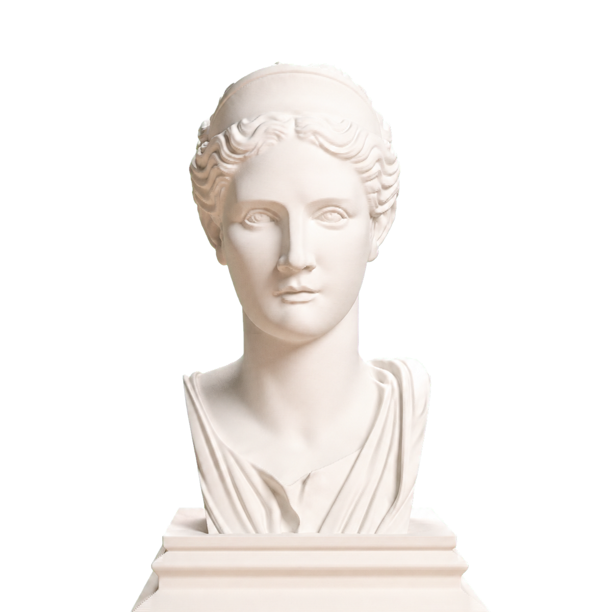 Ivory white Artemis Huntress 3D printed bust with a broad headband and draped shoulders