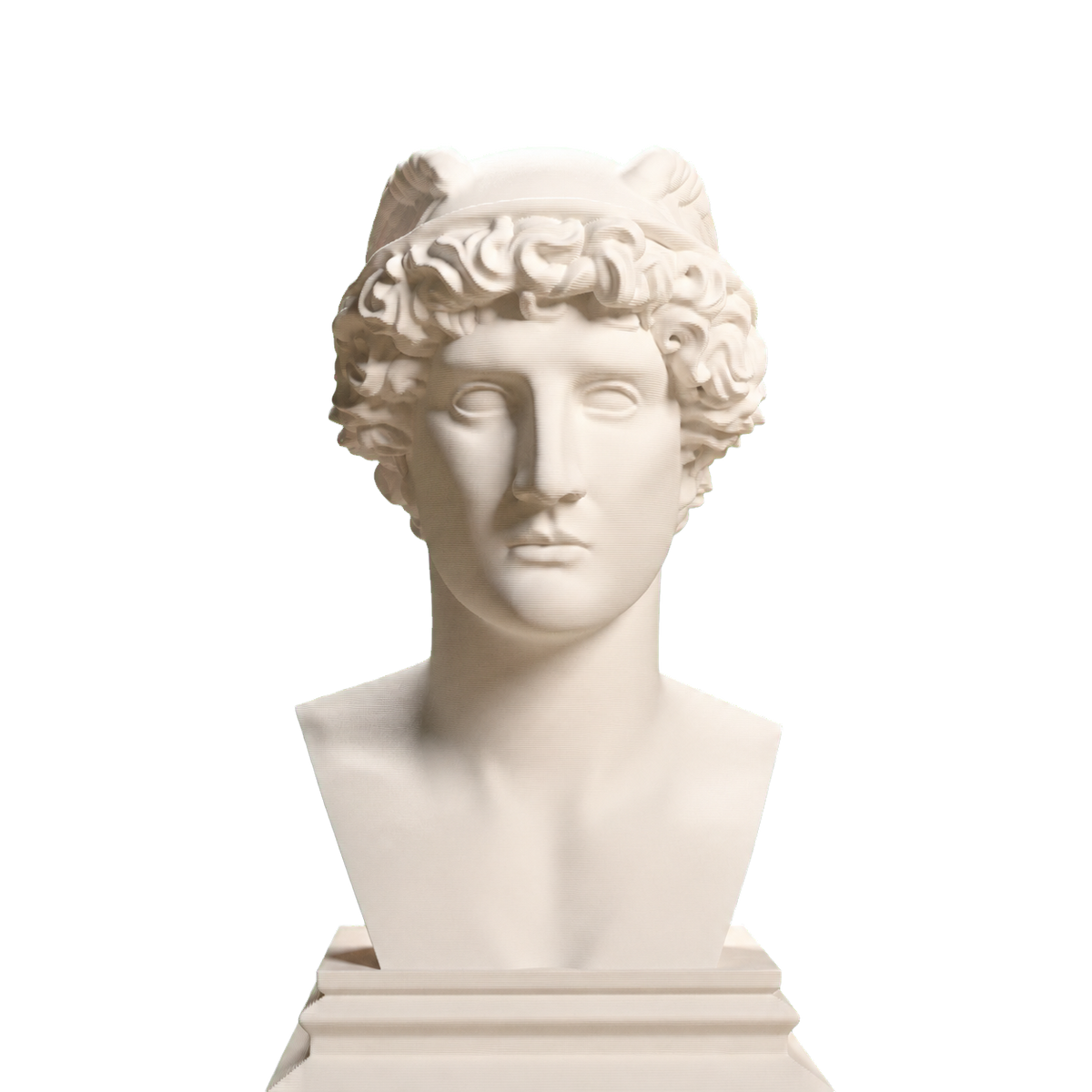Ivory-white 3D printed Classical Hermes bust with curly hair, winged headgear, a long neck, and a stepped square base