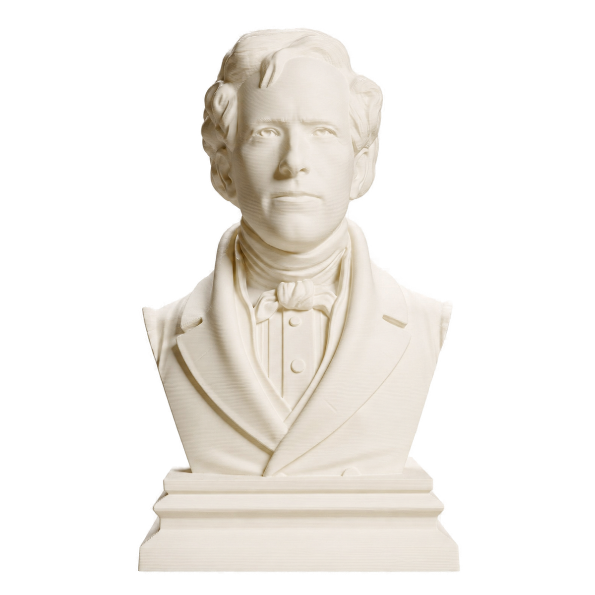 Ivory-white 3D printed Franklin Pierce bust in a formal coat and necktie on a rectangular pedestal