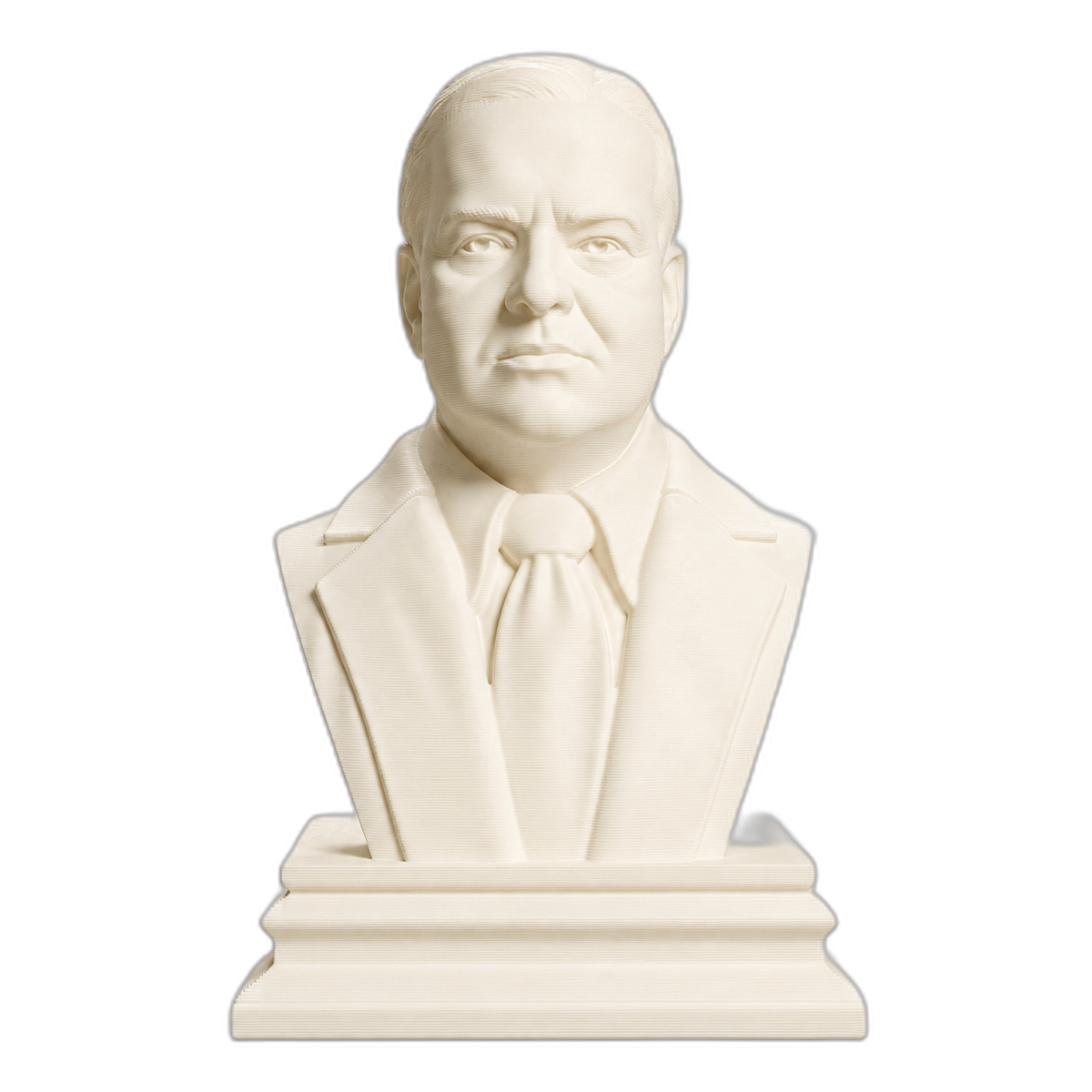 Ivory-white 3D printed Herbert Hoover bust in a suit and tie on a stepped rectangular pedestal