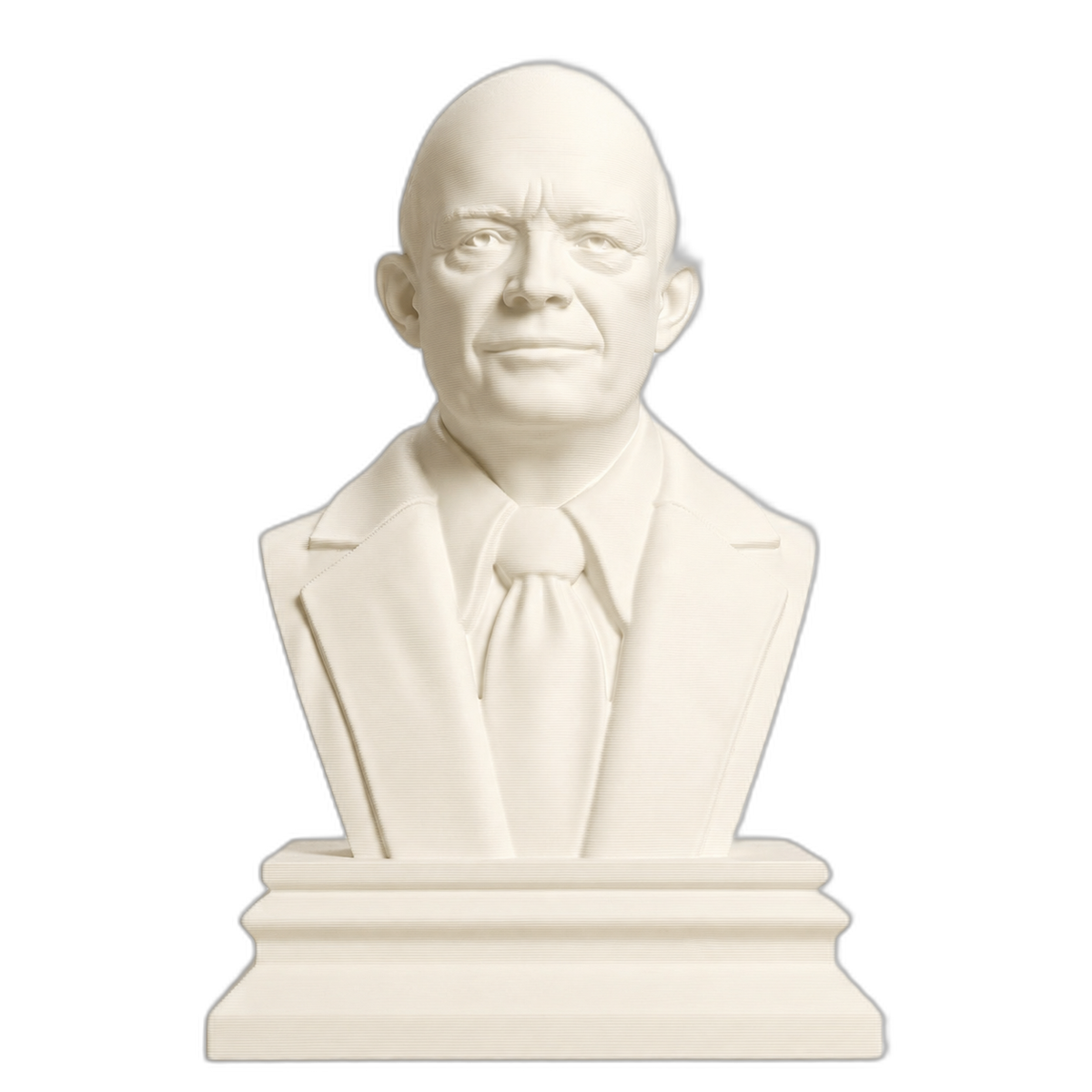 Ivory-white 3D printed bust of Dwight D. Eisenhower in a suit and tie on a tiered rectangular base