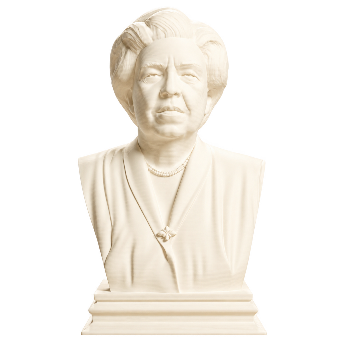 Ivory-white 3D printed bust of Eleanor Roosevelt with swept-back hair and a formal jacket on a stepped rectangular pedestal